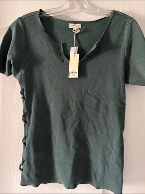Free People Teal Green Lace-Up Short Sleeve Tee